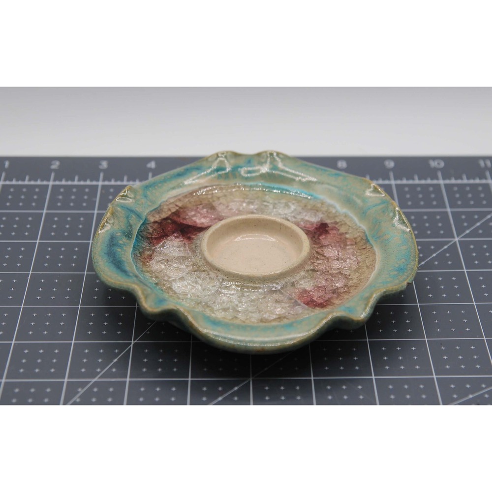 Studio Pottery Scalloped Candle Holder Melted Glass Center Turquoise Cream USA